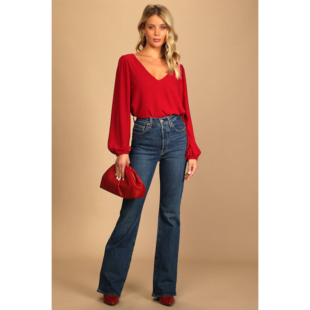 Red Long Sleeve, V-Neck Flattering Blouse Top
